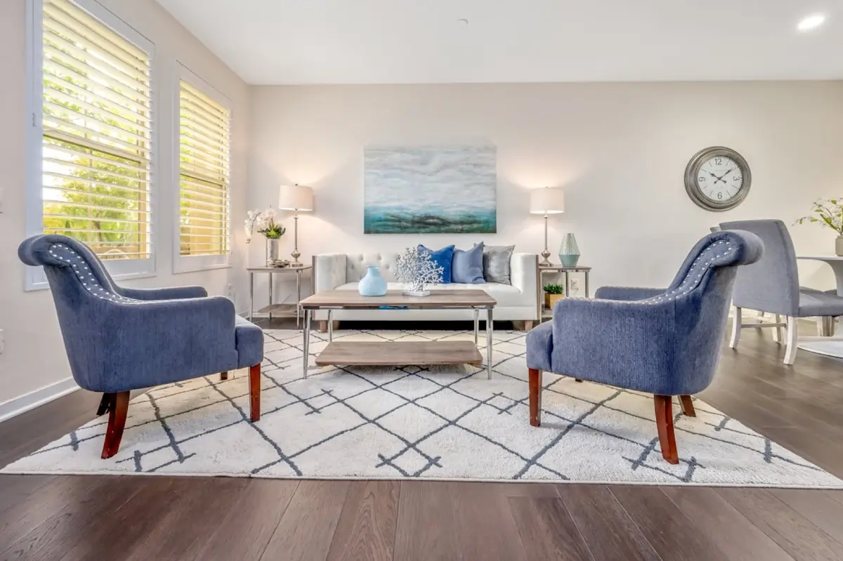 A staged living room in a home for sale